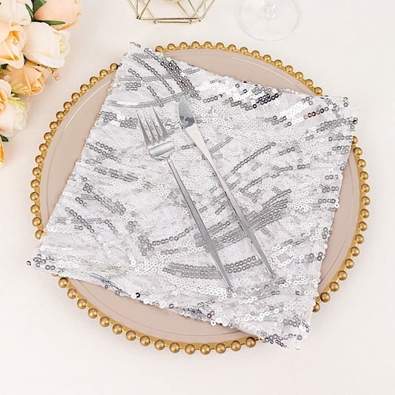 Balsa Circle 20x20 in Silver Wavy Embroidered Sequin Tulle Net Fabric Table Napkin Party Events Decorations Supplies