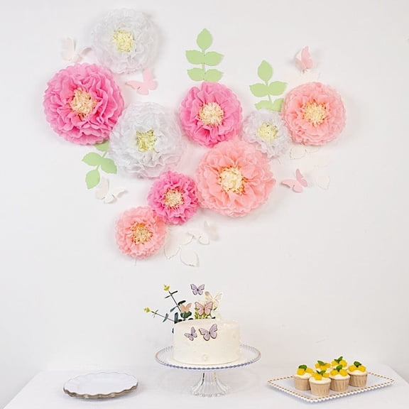 BalsaCircle 21 White Pink Tissue Paper Chrysanthemum Flowers with Butterflies Leaves Pom Poms Set Wall Backdrop Party Decorations