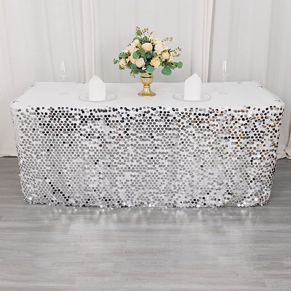 Balsa Circle 21 feet Silver Big Payette Sequin Satin Dual Layered Table Skirt Party Events Decorations Supplies