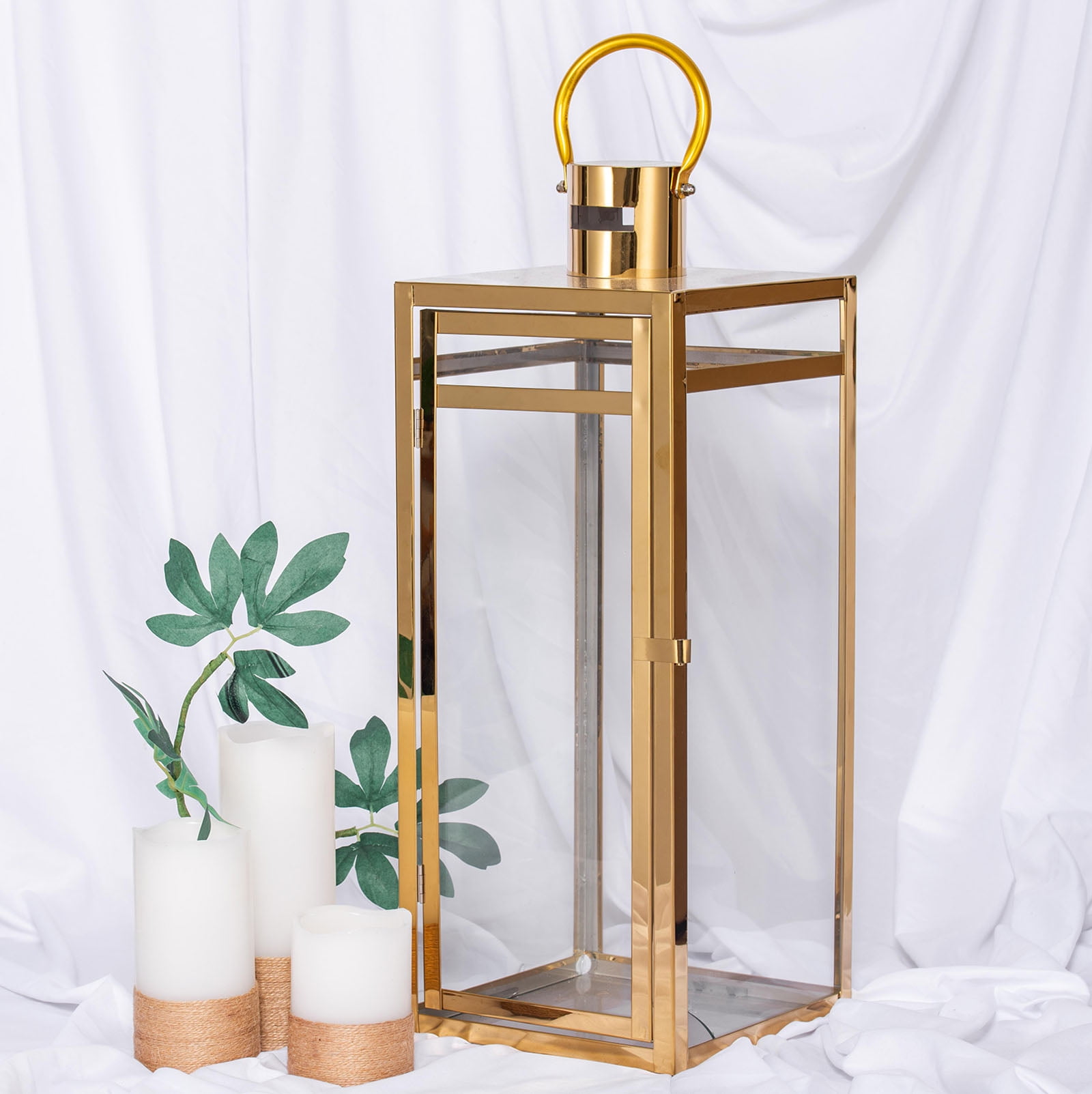 BalsaCircle 22" Tall Decor Gold Metal Lantern with Hanging Glass for ...