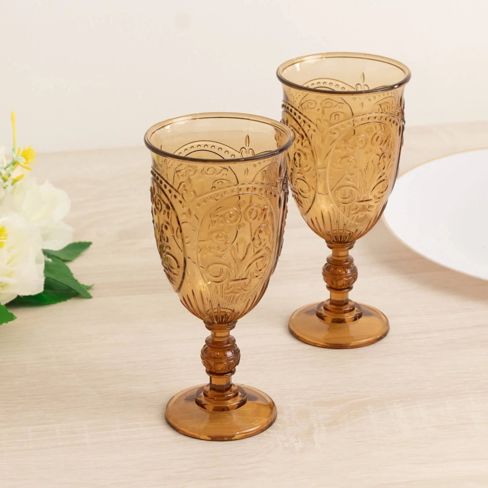 Balsa Circle 24 Amber Gold 10 oz Transparent Plastic Wine Glasses Retro Embossed Style Wedding Party Tableware Decoration Supplies