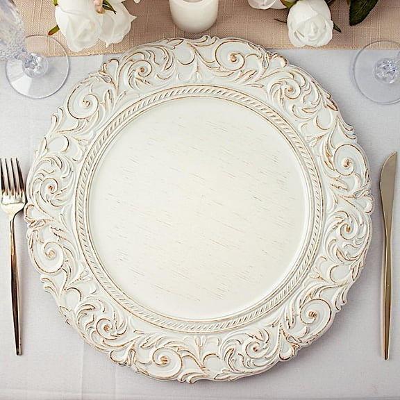 BalsaCircle 24 Antique White 14" Metallic Acrylic Wooden Textured Round Baroque Plastic Charger Plates