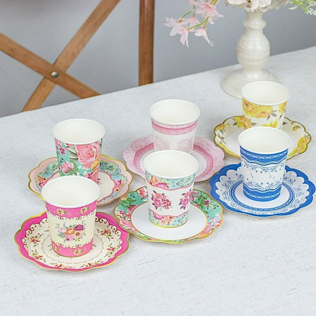 BalsaCircle 24 Assorted Disposable Paper Drinking Cups Saucers Floral Design Party Events Decorations Supplies