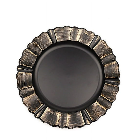 BalsaCircle 24 Black Gold 13" Acrylic Wooden Textured Round Scalloped Trim Plastic Charger Plates