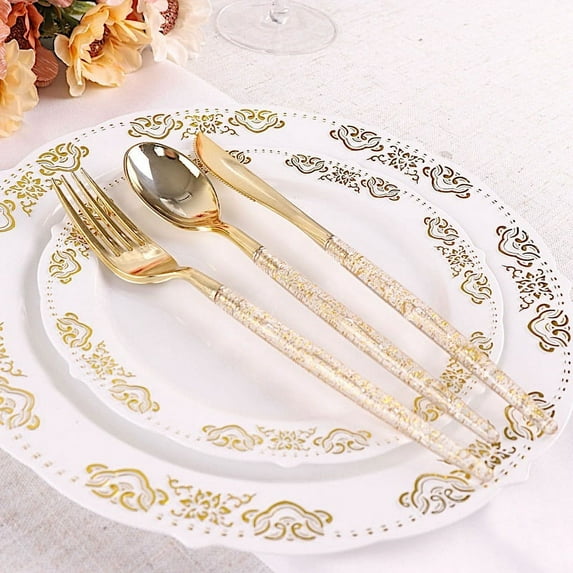 BalsaCircle 24 Clear 8" Disposable Plastic Cutlery Gold Glittered Handle Tableware