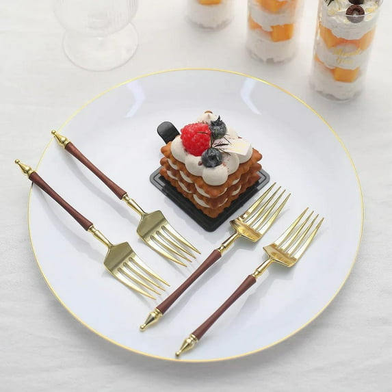 Balsa Circle 24 Disposable Gold Brown 6 in Dessert Plastic Forks Roman Column Handle Party Events Tableware Decorations