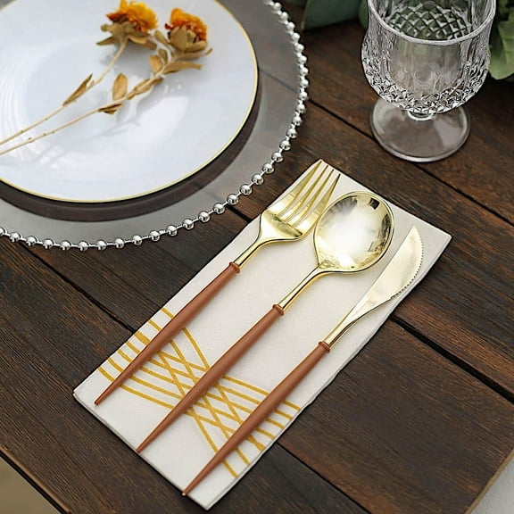 Balsa Circle 24 Gold Brown Disposable Plastic Cutlery Spoon Fork Knife Set