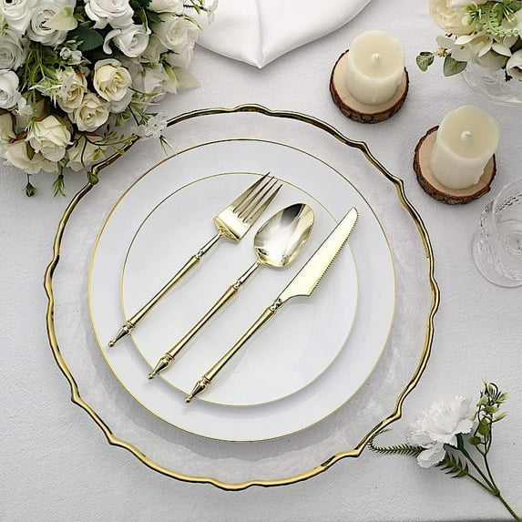 BalsaCircle 24 Gold Disposable Plastic Cutlery Roman Column Handle Spoon Fork and Knife Set Party Decorations