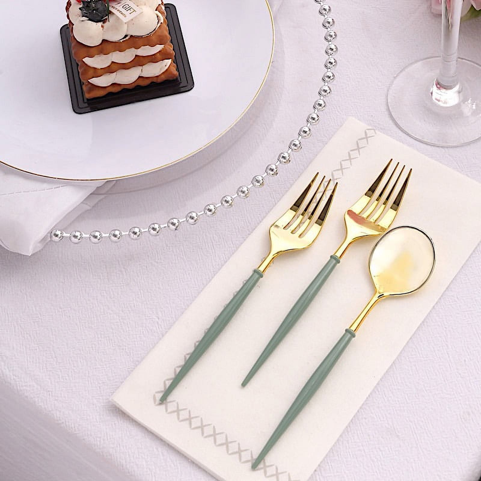 BalsaCircle 24 Metallic Gold Dusty Sage Green Disposable 6" Premium Plastic Cutlery Spoons Forks ...