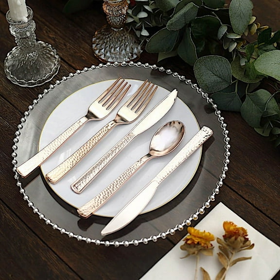 BalsaCircle 24 Metallic Rose Gold 7 in Disposable Plastic Cutlery Hammered Design Spoons Forks Knives Set Party Events