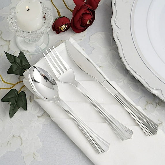 Balsa Circle 24 Pieces Silver Disposable Plastic Set Spoons Forks Knives Silverware