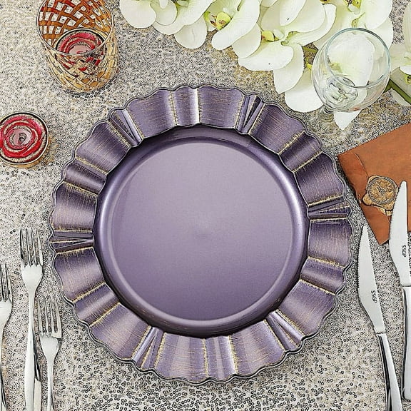 BalsaCircle 24 Purple Gold13" Acrylic Wooden Textured Round Scalloped Trim Plastic Charger Plates