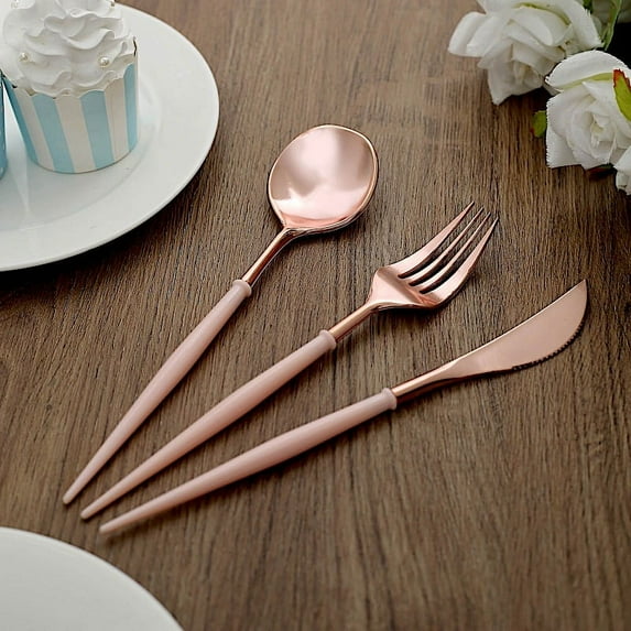 Balsa Circle 24 Rose Gold Blush Disposable Plastic Cutlery Spoon Fork Knife Set Wedding Party