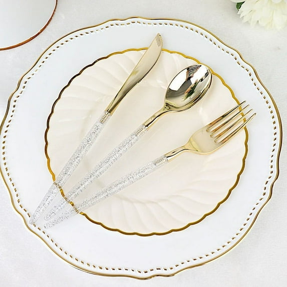 BalsaCircle 24 Silver 8" Disposable Plastic Cutlery Gold Glittered Handle Tableware