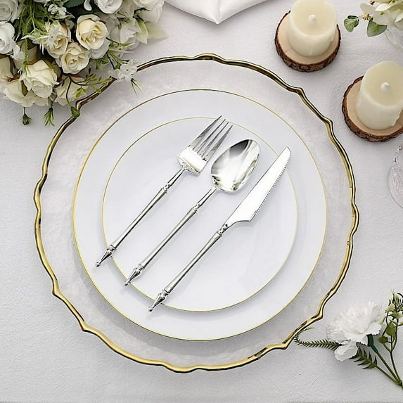 BalsaCircle 24 Silver Disposable Plastic Cutlery Roman Column Handle Spoon Fork and Knife Set Party Decorations