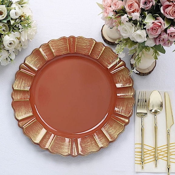 BalsaCircle 24 Terracotta Gold 13" Acrylic Wooden Textured Round Scalloped Trim Plastic Charger Plates