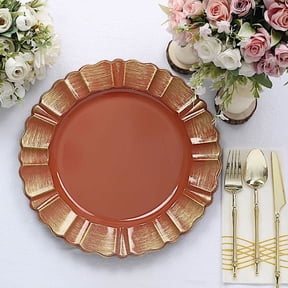 BalsaCircle 24 Terracotta Gold 13" Acrylic Wooden Textured Round Scalloped Trim Plastic Charger Plates
