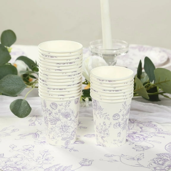Balsa Circle 24 White Lavender 9 oz Disposable Paper Cups French Toile Print Party Tableware Wedding Reception Event Decorations Supplies