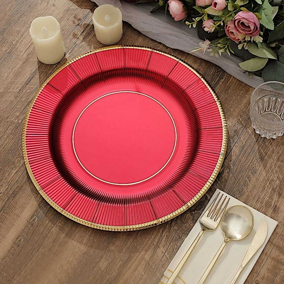 Balsa Circle 25 Burgundy 13" Round Disposable Paper Charger Plates Metallic Trim Party Tableware