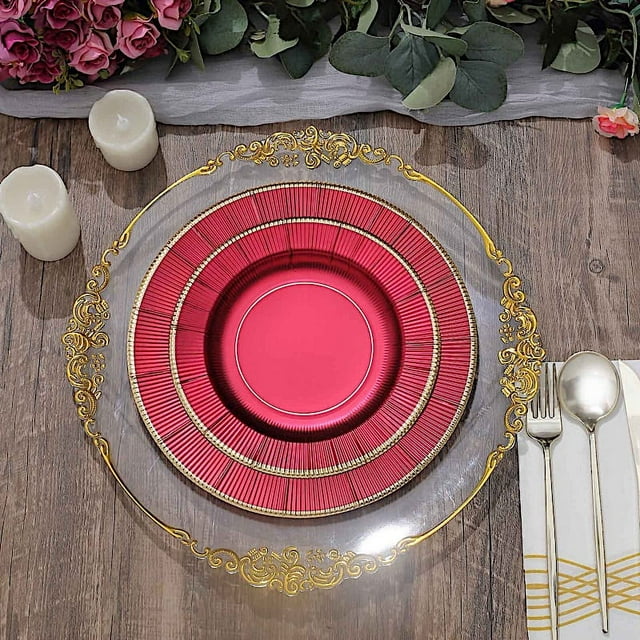 BalsaCircle 25 Burgundy Round 10" Metallic Disposable Dinner Salad Paper Plates Textured Trim Party Events Decorations
