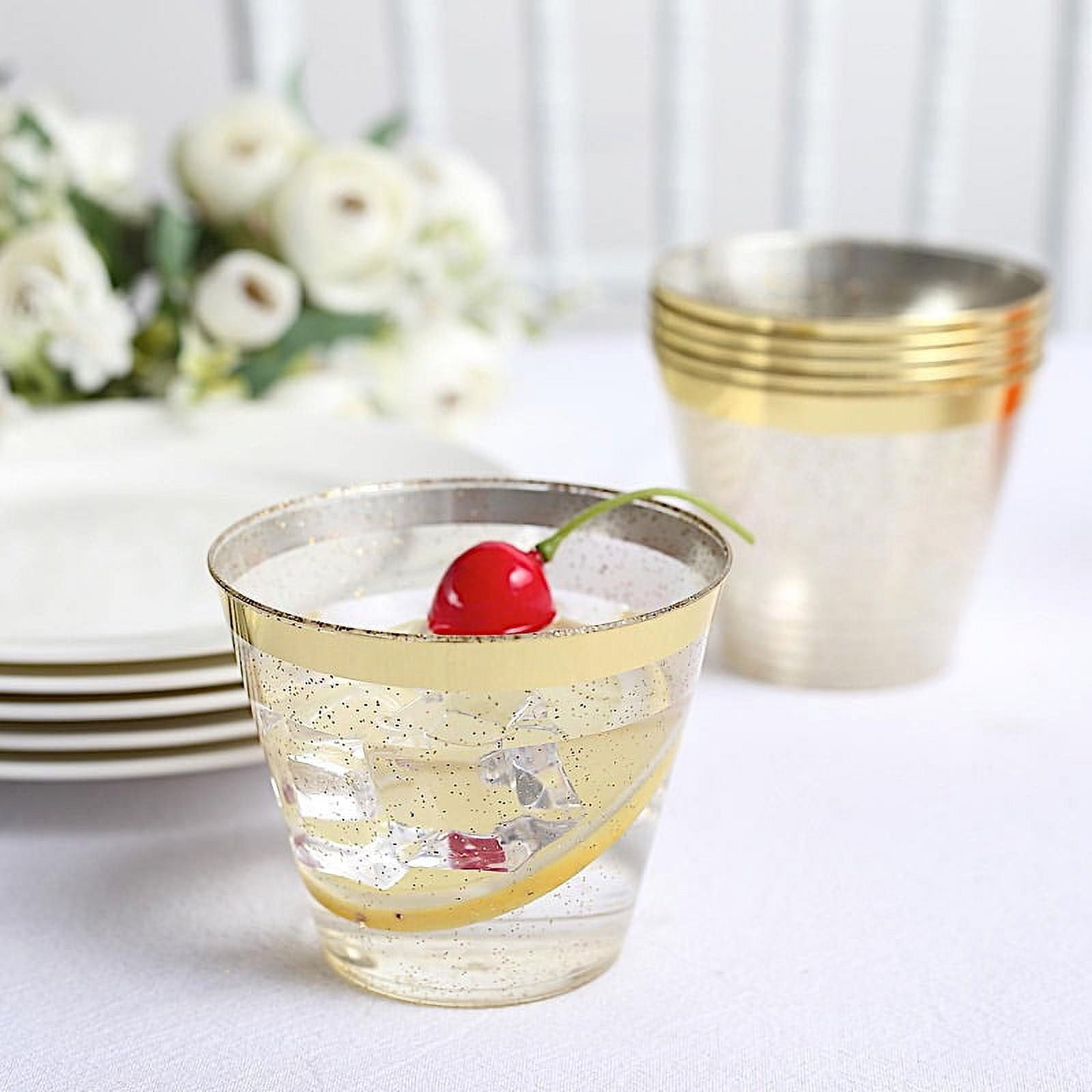 BalsaCircle 25 Glittered 9 oz Clear Plastic Disposable Cups Gold Trim Party Events Decorations ...