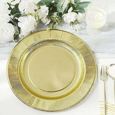 BalsaCircle 25 Gold Round 10" Metallic Disposable Dinner Salad Paper Plates Textured Trim Party Events Decorations