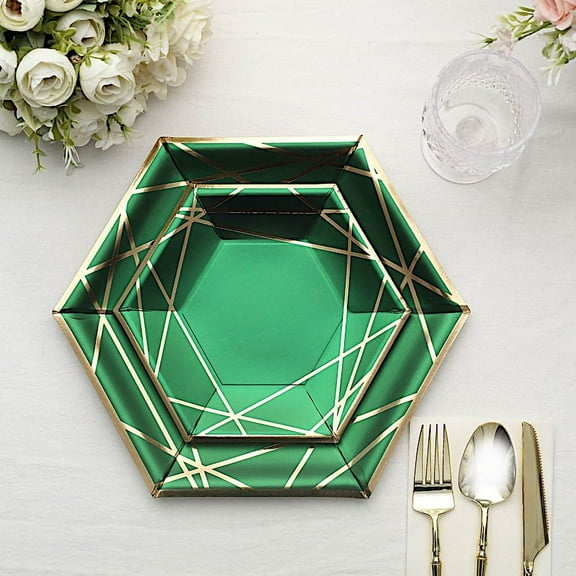Balsa Circle 25 Hunter Emerald Green 7" Hexagon Disposable Salad Paper Plates Gold Trim Wedding Party