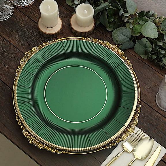 Balsa Circle 25 Hunter Green 13" Round Disposable Paper Charger Plates Metallic Trim Party Tableware