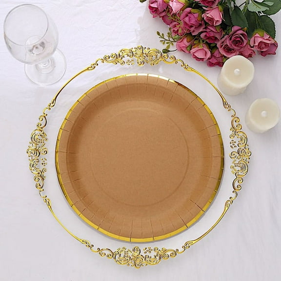 Balsa Circle 25 Natural 10" Round Disposable Dinner Salad Paper Plates Gold Lined Trim Party Decorations