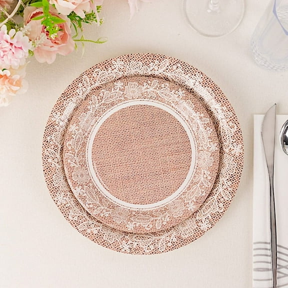 BalsaCircle 25 Natural 7" Burlap Print White Floral Lace Trim Disposable Salad Paper Plates Party Events