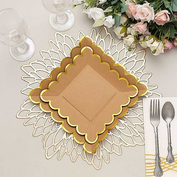 Balsa Circle 25 Natural 7" Square Disposable Dinner Salad Paper PLATES Gold Scalloped Trim Party Decorations