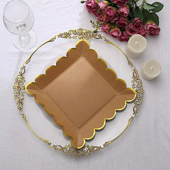 Balsa Circle 25 Natural 9" Square Disposable Dinner Salad Paper PLATES Gold Scalloped Trim Party Decorations