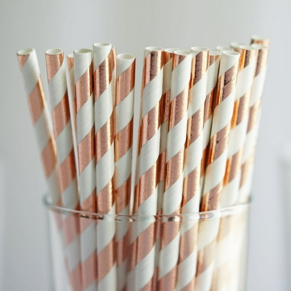 BalsaCircle 25 Pieces 8" Rose Gold White Striped Paper Straws Disposable Party Event Picnic