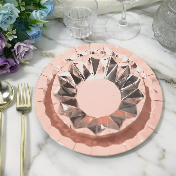 Balsa Circle 25 Rose Gold Geometric Round 9" Metallic Disposable Dinner Paper Plates Tableware