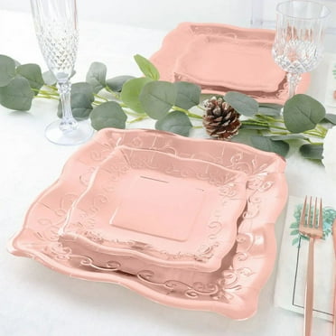 BalsaCircle 25 Rose Gold Square 7" Disposable Dinner Dessert Paper Plates Embossed Scroll Trim Party Events Tableware