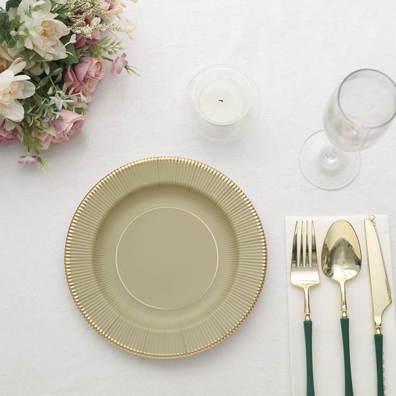 BalsaCircle 25 Round 8" Khaki Metallic Disposable Dinner Salad Paper Plates Textured Trim Party Decorations Supplies
