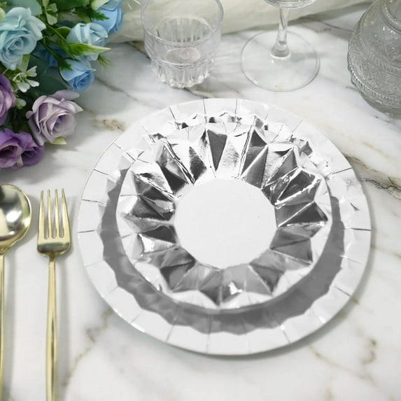 Balsa Circle 25 Silver Geometric Round 9" Metallic Disposable Dinner Paper Plates Tableware