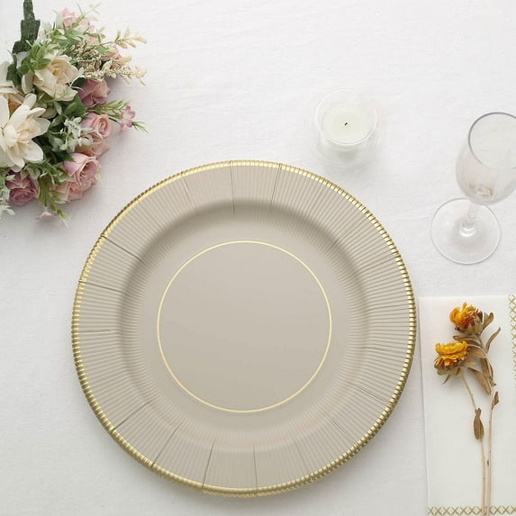 Balsa Circle 25 Taupe 13" Round Disposable Paper Charger Plates Metallic Trim Party Tableware