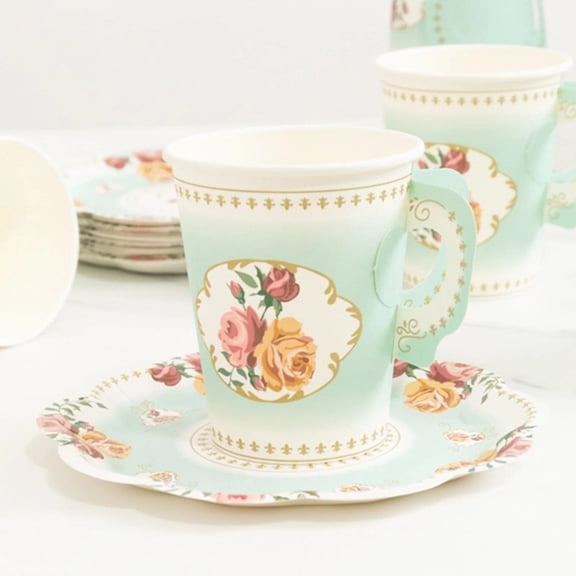 BalsaCircle 25 Turquoise Disposable Paper Drinking Cups and Saucers Rose Floral Design Party Tableware Wedding Decorations Supplies