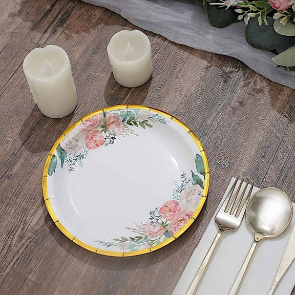 BalsaCircle 25 White 7" Round Disposable Paper Plates Floral Design Gold Trim Party Home Events Tableware