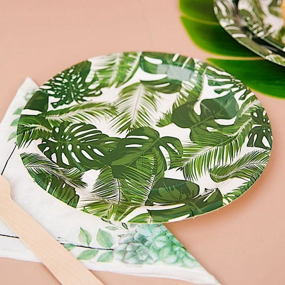 Balsa Circle 25 White 7" Round Disposable Paper Salad Party Plates Tropical Leaves Design