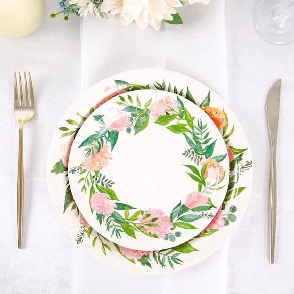 Balsa Circle 25 White 7" Round Disposable Paper Salad Plates Flower Wreath Design Wedding