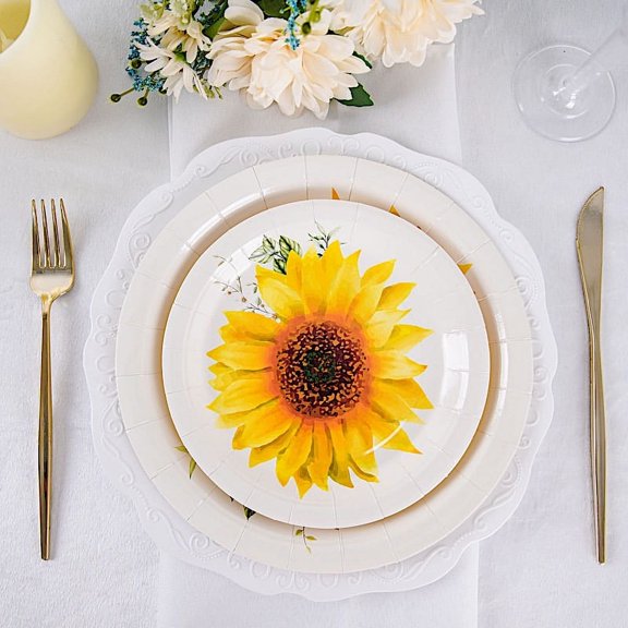 BalsaCircle 25 White 7" Round Disposable Paper Salad Plates Sunflower Design Wedding
