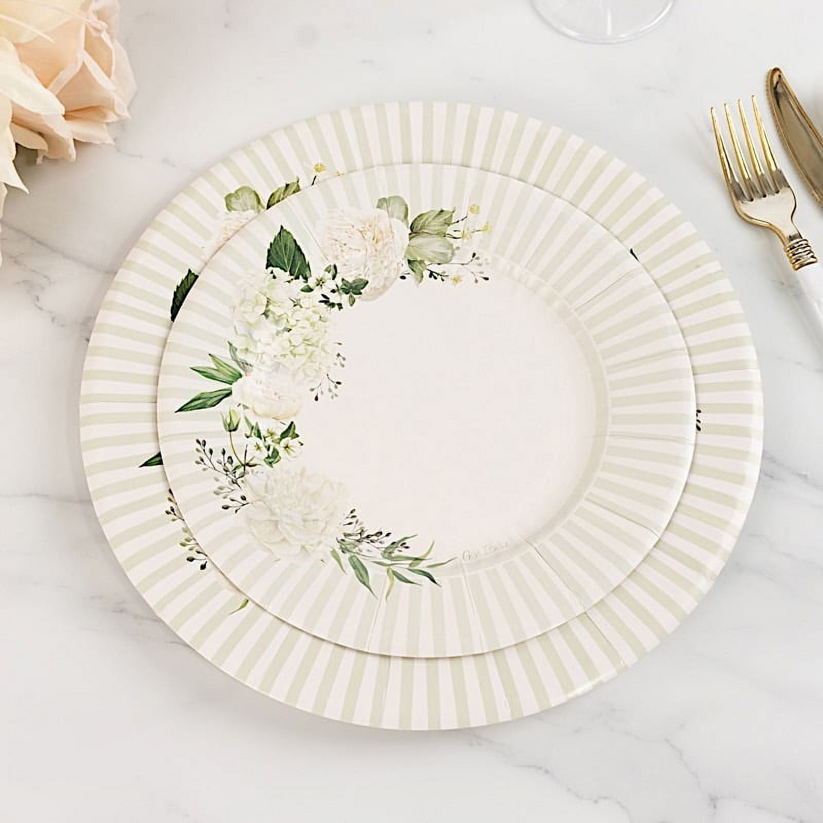 BalsaCircle 25 White 8 in Dessert Paper Plates with Sage Green Floral Lined  Rim Wedding Events Reception Catering Party Home Decorations, image size:1600x1600