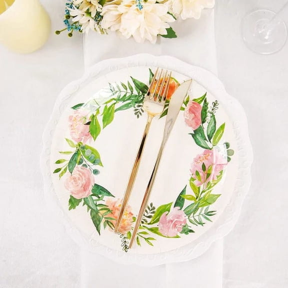 BalsaCircle 25 White 9" Round Disposable Paper Dinner Plates Flower Wreath Design Wedding