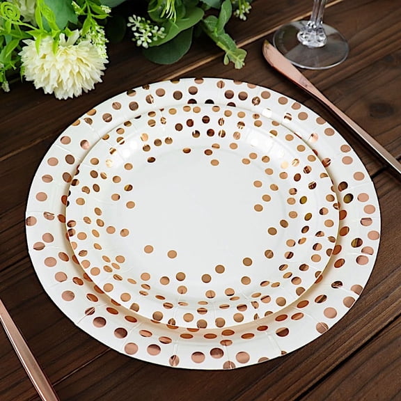 Balsa Circle 25 White 9" Round Disposable Paper Plates Rose Gold Polka Dots Party Events Tableware Decorations