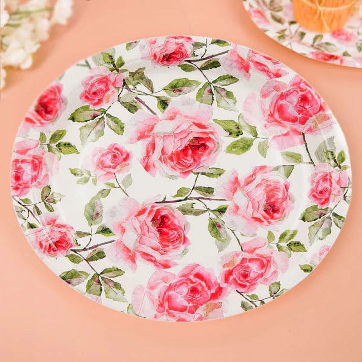 BalsaCircle 25 White 9 Round Paper Salad Plates Pink Rose Flowers