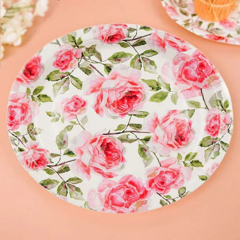BalsaCircle 25 White 9 Round Paper Salad Plates Pink Rose Flowers