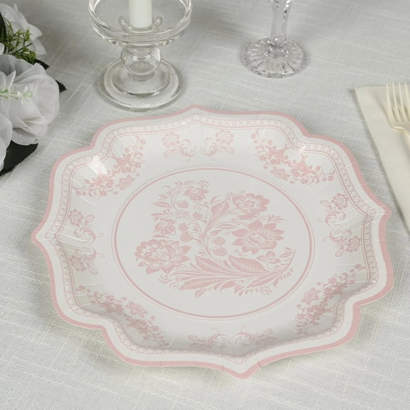 Balsa Circle 25 White Pink 10 in Floral Disposable Dessert Dinner Paper Plates with Scallop Trim Party Wedding Reception Events Decorations Supplies