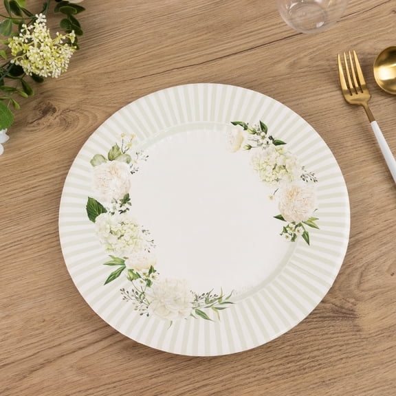 Balsa Circle 25 White Sage Green Dinner Paper Plates with Floral Lined Rim Wedding Events Reception Catering Party Home Decorations